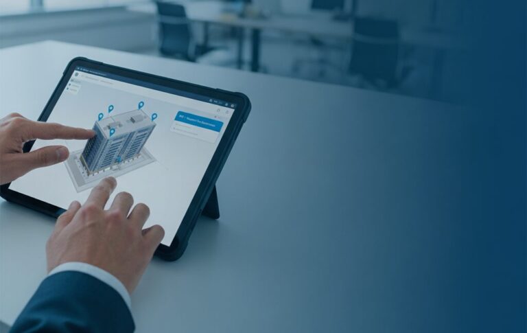 Ilustração de um profissional analisando documentos e plantas digitais em um tablet, simbolizando o processo de RFI (Request for Information) na construção civil.